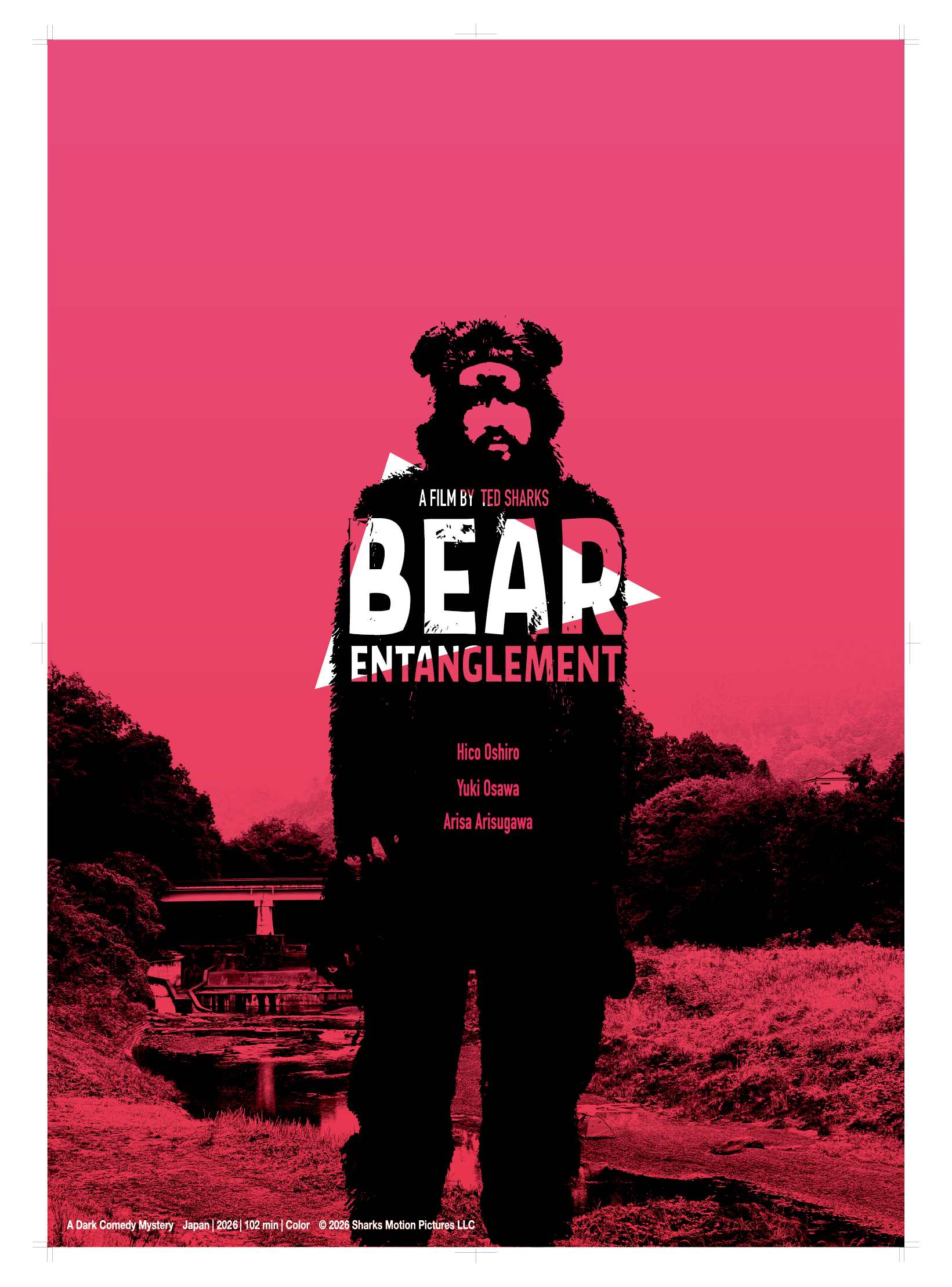Bear Entanglement film poster, featuring a man in a bear suit against a pink background.
